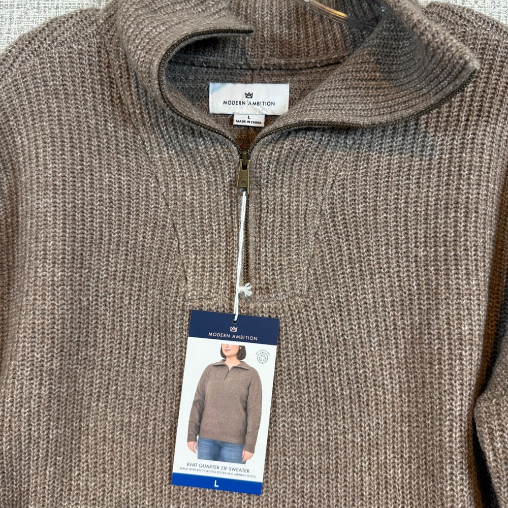 NWT Modern Ambition Womens Brown Merino Wool Blend Quarter Zip Ribbed Sweater Lg - Picture 2 of 9